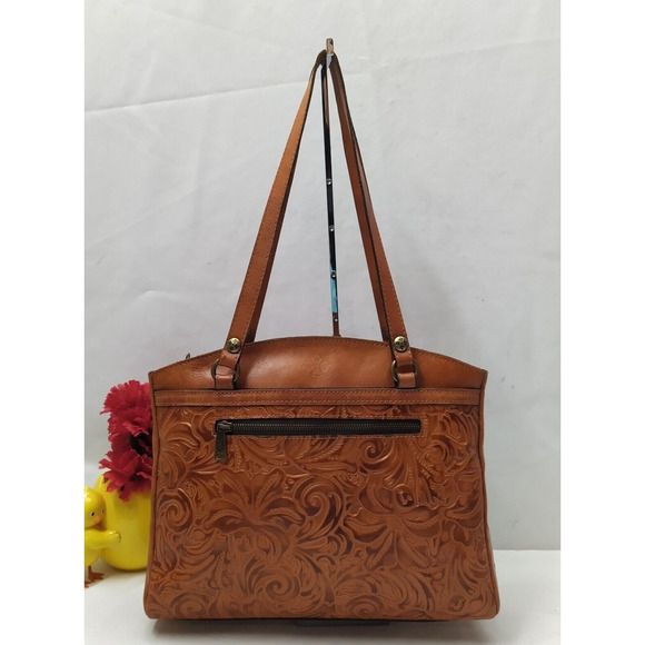 Patricia Nash Poppy Tote Florence Brown Tan Tooled Leather Zipper Tote Bag - Picture 1 of 16